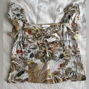 H&M Botanical Print Linen Blend Tank with Flutter Sleeve Size Small